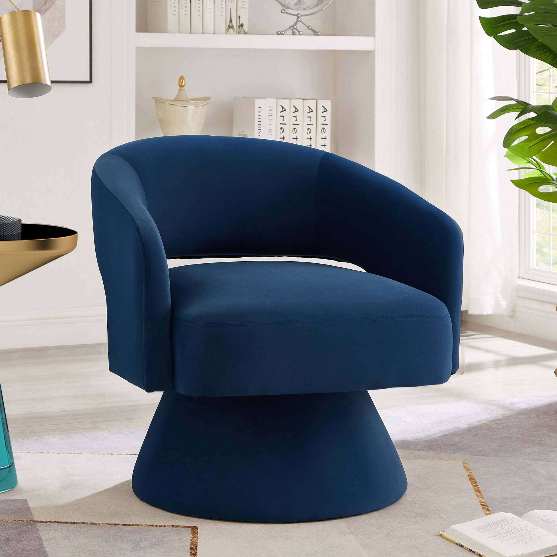 Modern Swivel Barrel Chair, Upholstered Velvet Round Accent Chairs,360 Degree Comfy Swivel Chair with Open Backrest, Single Chair Armchair for Living Room Bedroom, Homerest,Navy