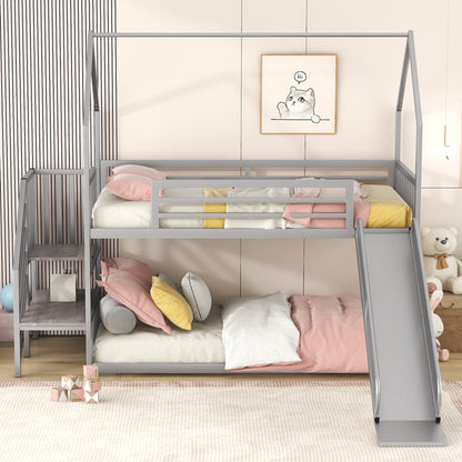 Twin over Twin Metal Bunk Bed House Bed with Slide and Staircase, Silver