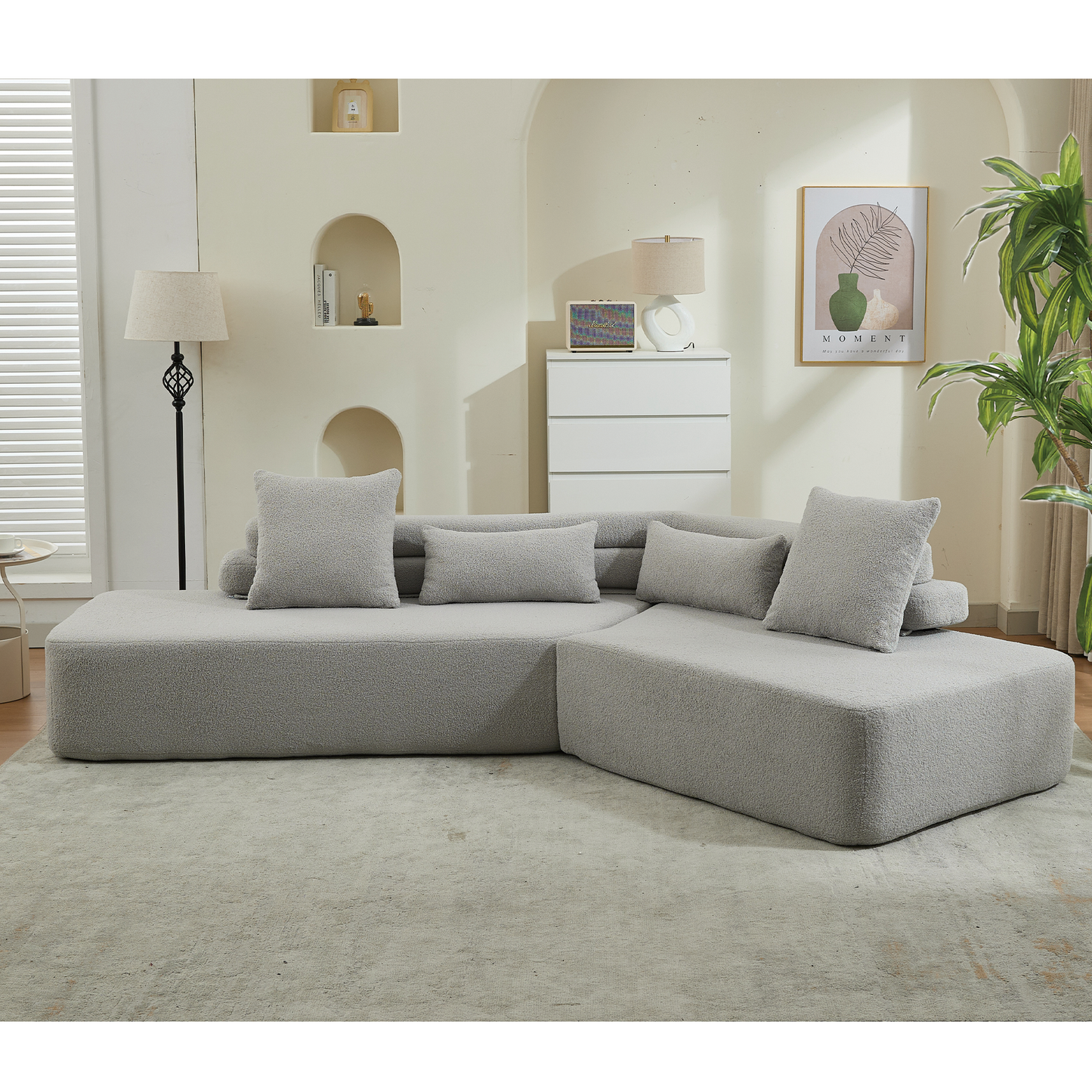 [NEW ARRIVED] [VIDEO PROVIDED] 128"Minimalist Cloud Sectional Couch ,Modern Couches ,4-Seater ,No Assembly,Two modular sofa,Boucle Teddy  Fabric, upholstered , anti-wrinkle fabric,Light Gray