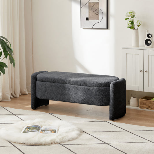 Ottoman Oval Storage Bench 3D Lamb Fleece Fabric  Bench with Large Storage Space for the Living Room, Entryway and Bedroom,Dark,Grey