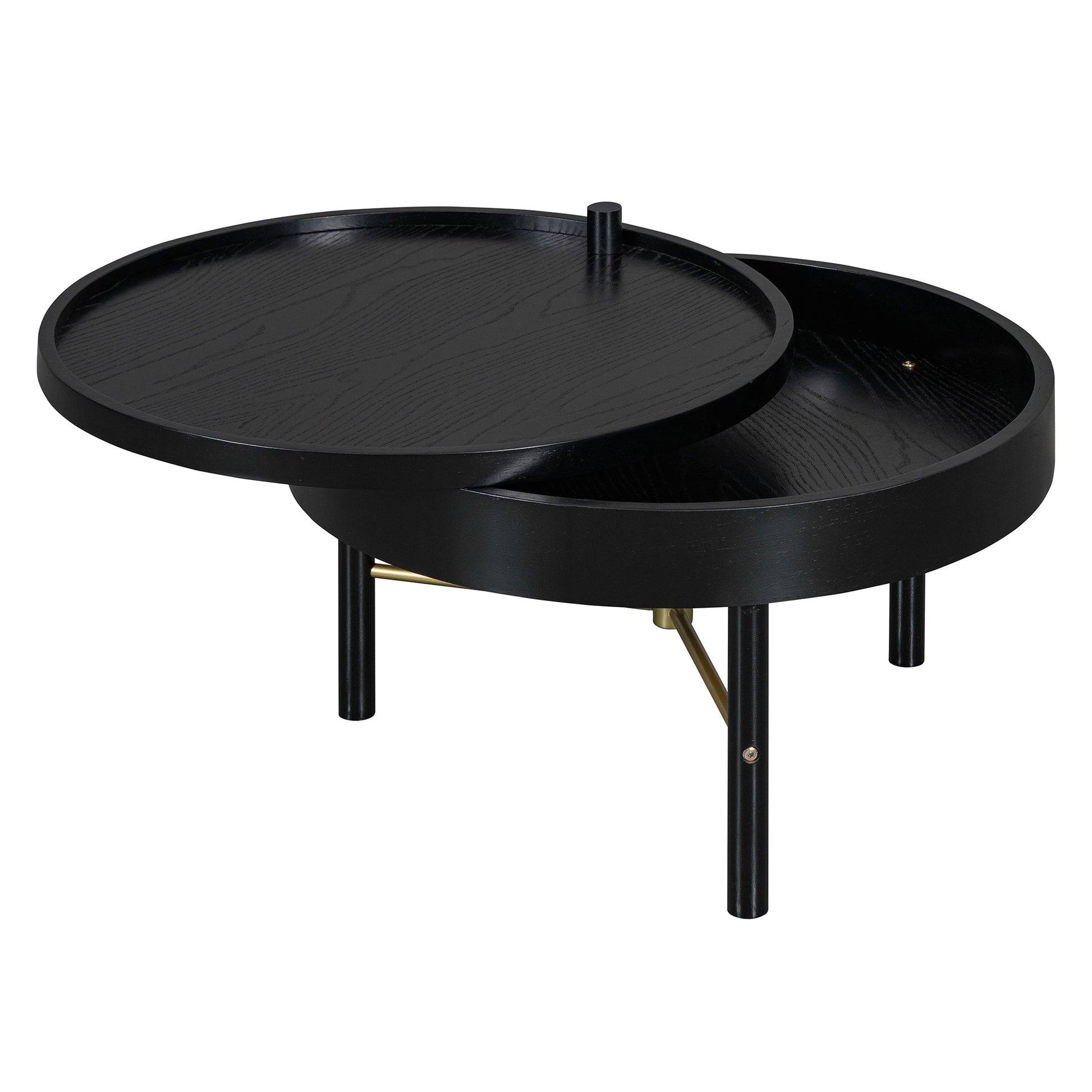 Modern Round Wood Rotating Tray Coffee Table with Storage & Metal Legs in Black