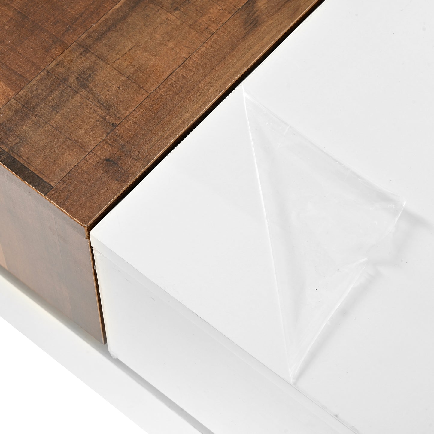 ON-TREND 31.4'' x 31.4'' Square Coffee Table with Sliding Tabletop, High Gloss Center Table with Hidden Storage Compartment, Extendable Cocktail Table with Walnut  Grain Finish for Living Room, White