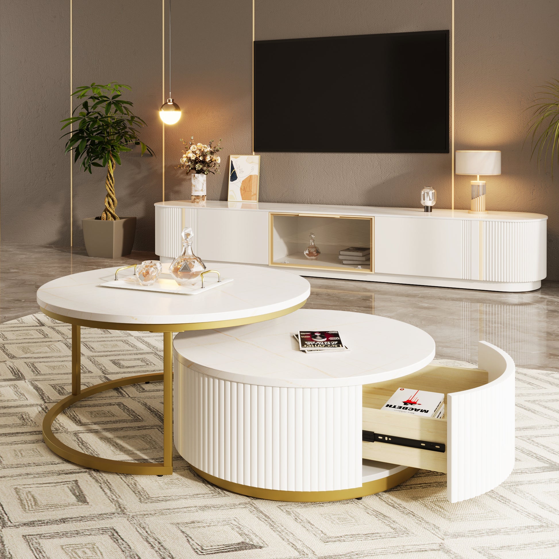 Modern Round Nesting Coffee Table Fluted with Drawer in White & Gold in 31.5''