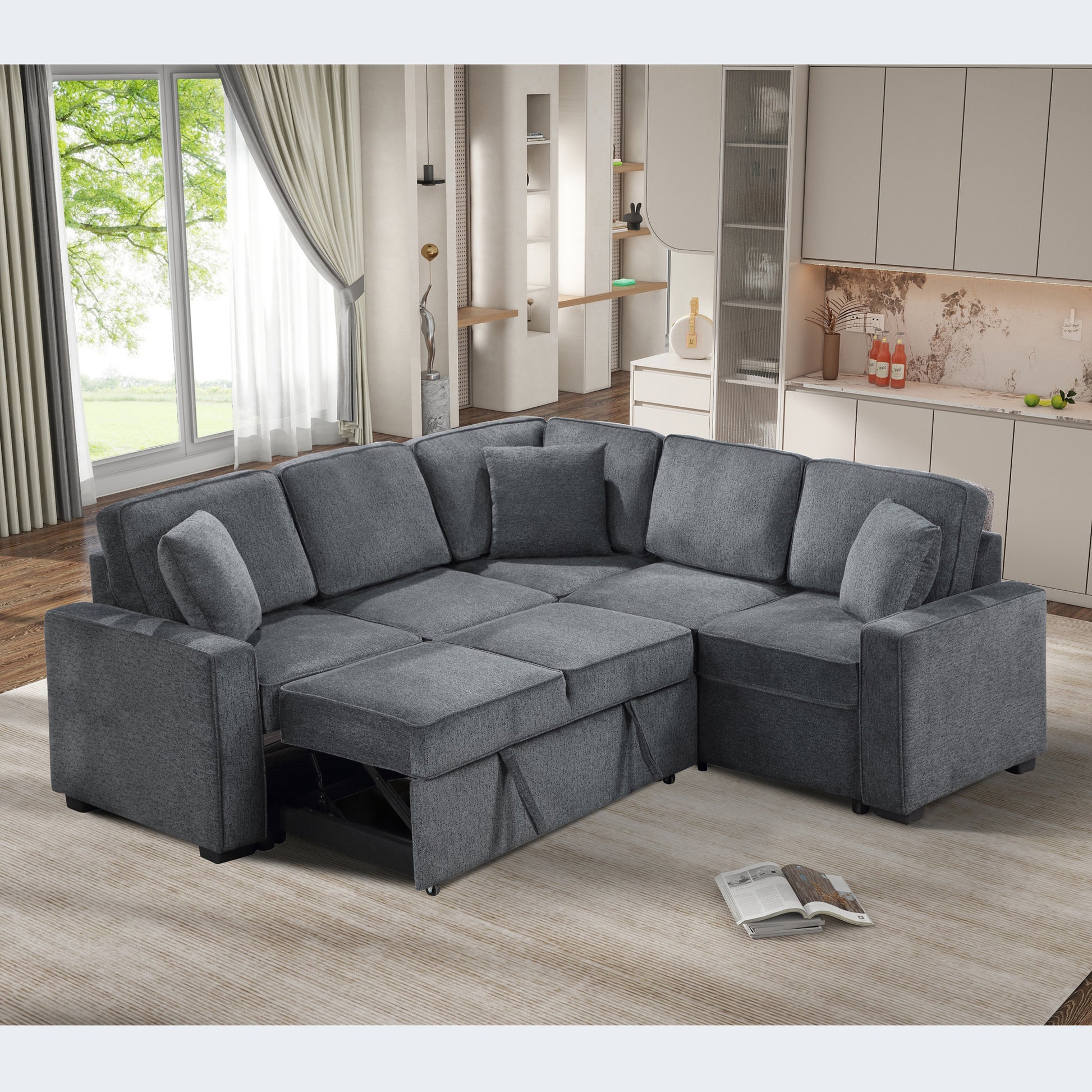 Modular Sofa, Sectional Couch L Shaped Sofa Couch with Pullout Sleeper, 5 Seat Chenille Corner Sofa for Living Room, 3 Pillows Included, Dark Gray