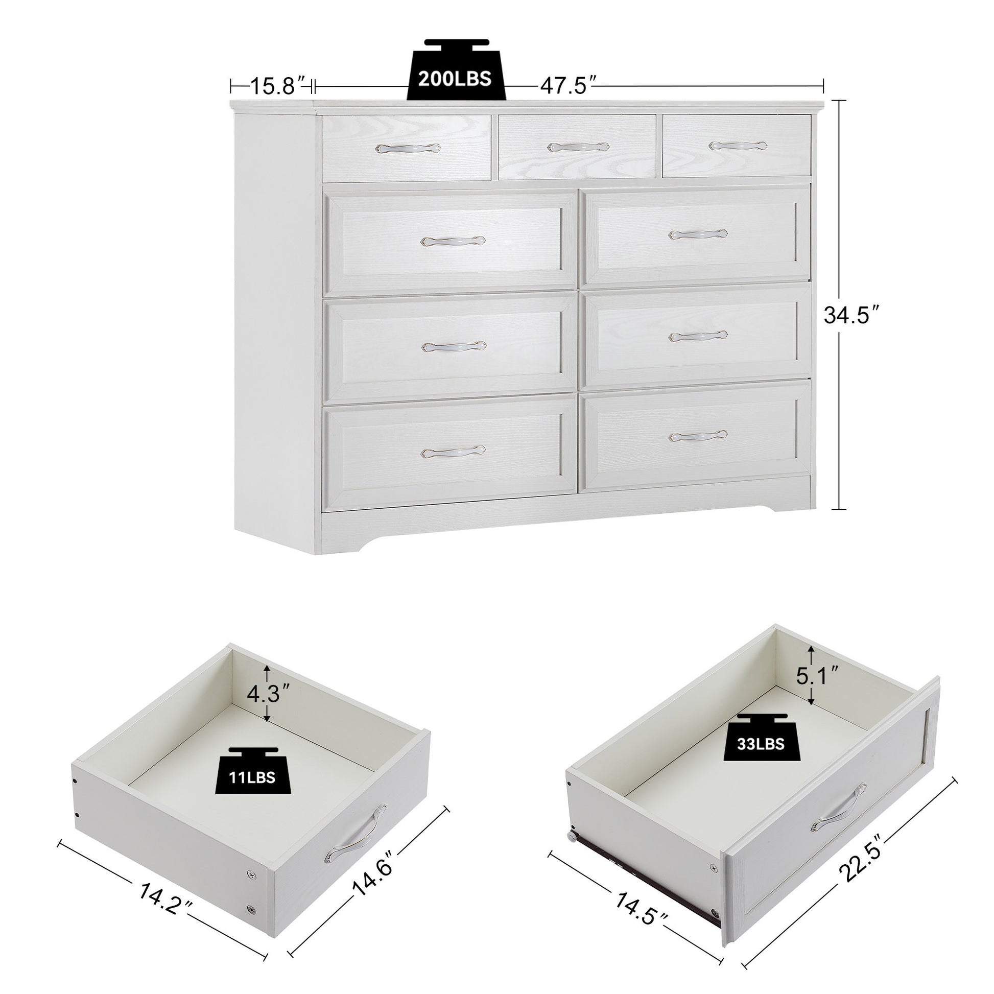 Bedroom dresser, 9 drawer long dresser with antique handles, wood chest of drawers for kids room, living room, entry and hallway, White, 47.56''W x 15.75''D x 34.45''H.