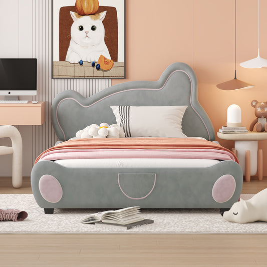 Full Size Velvet Platform Bed with Bear-Shaped Headboard, with Drawers, with Bed-End Storage Pocket, Gray