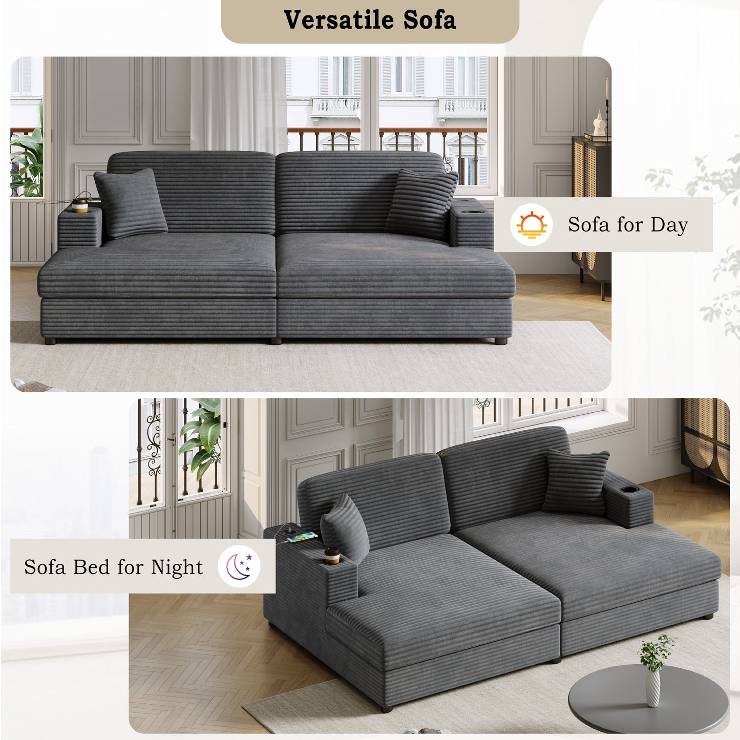 86.5" Oversized Loveseat Chaise Lounge Sectional Sofa Bed Corduroy Sleeper Sofa with Two USB Ports , Two Cup Holders and Two Throw Pillows for Living Room and Bedroom, Dark Gray