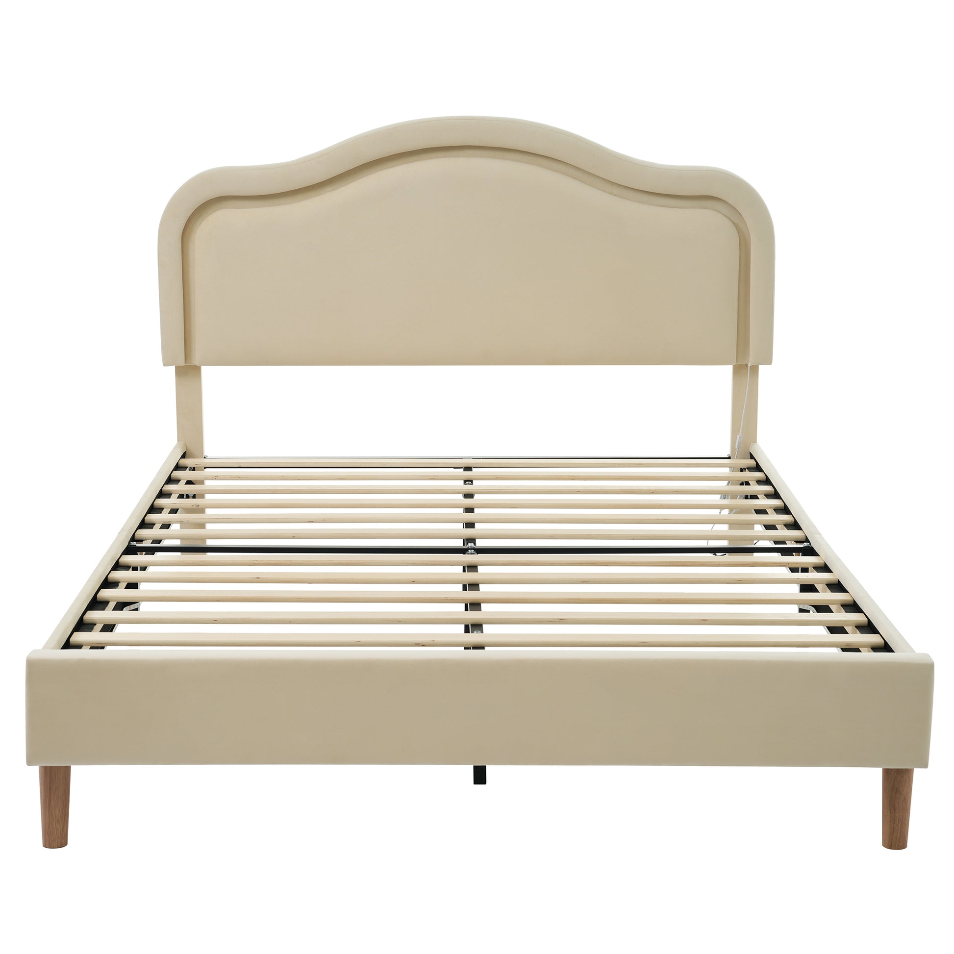 Full Size Velvet Upholstered Smart LED Bed Frame with Adjustable Height Headboard,No Box Spring Needed,Easy Assembly,Beige