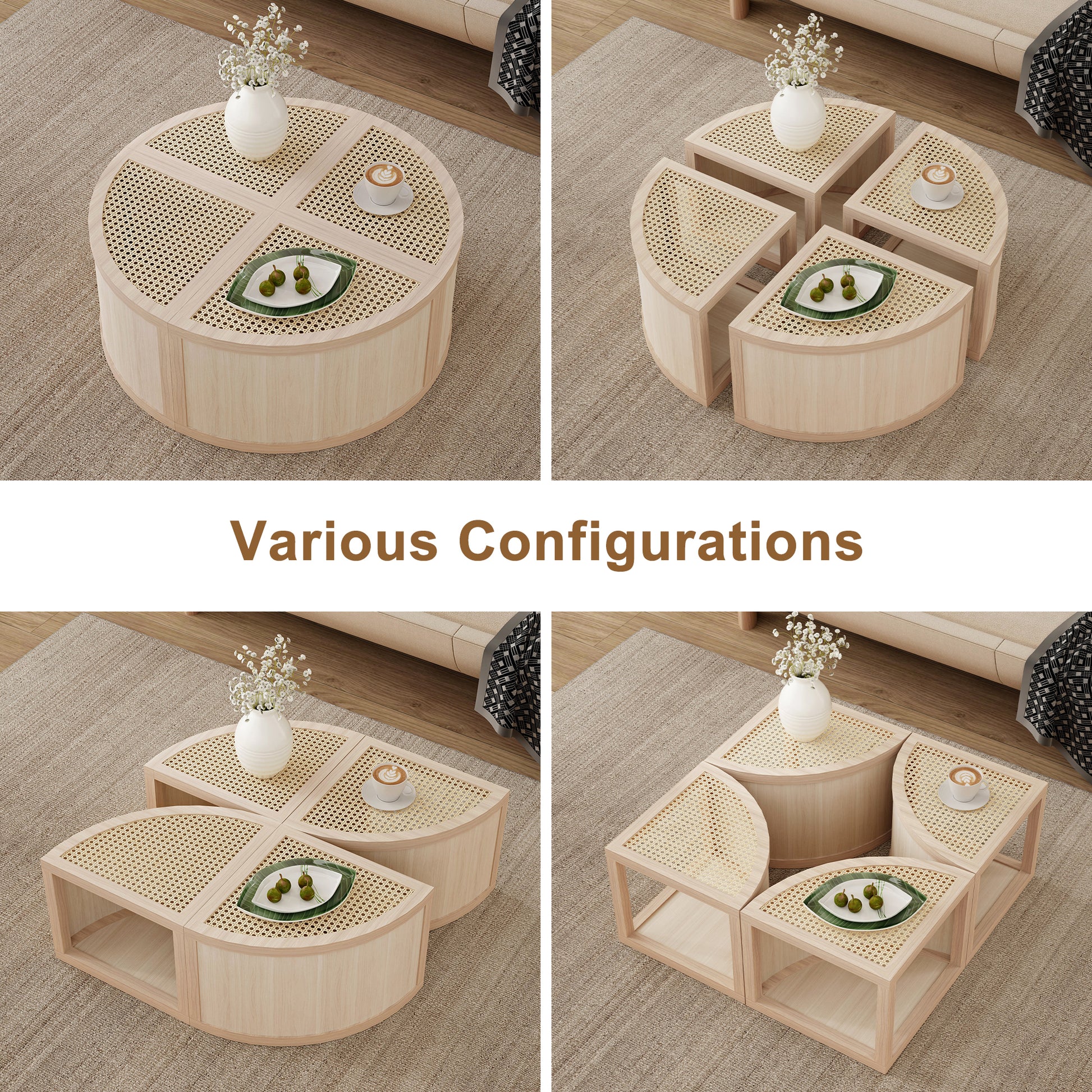 Round to Square Block Modular Coffee Table Light Natural Rattan with Storage 4 Piece