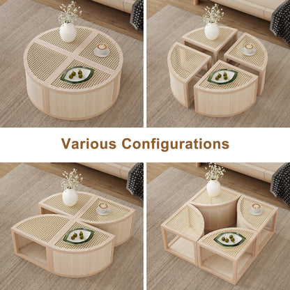 Round to Square Block Modular Coffee Table Light Natural Rattan with Storage 4 Piece