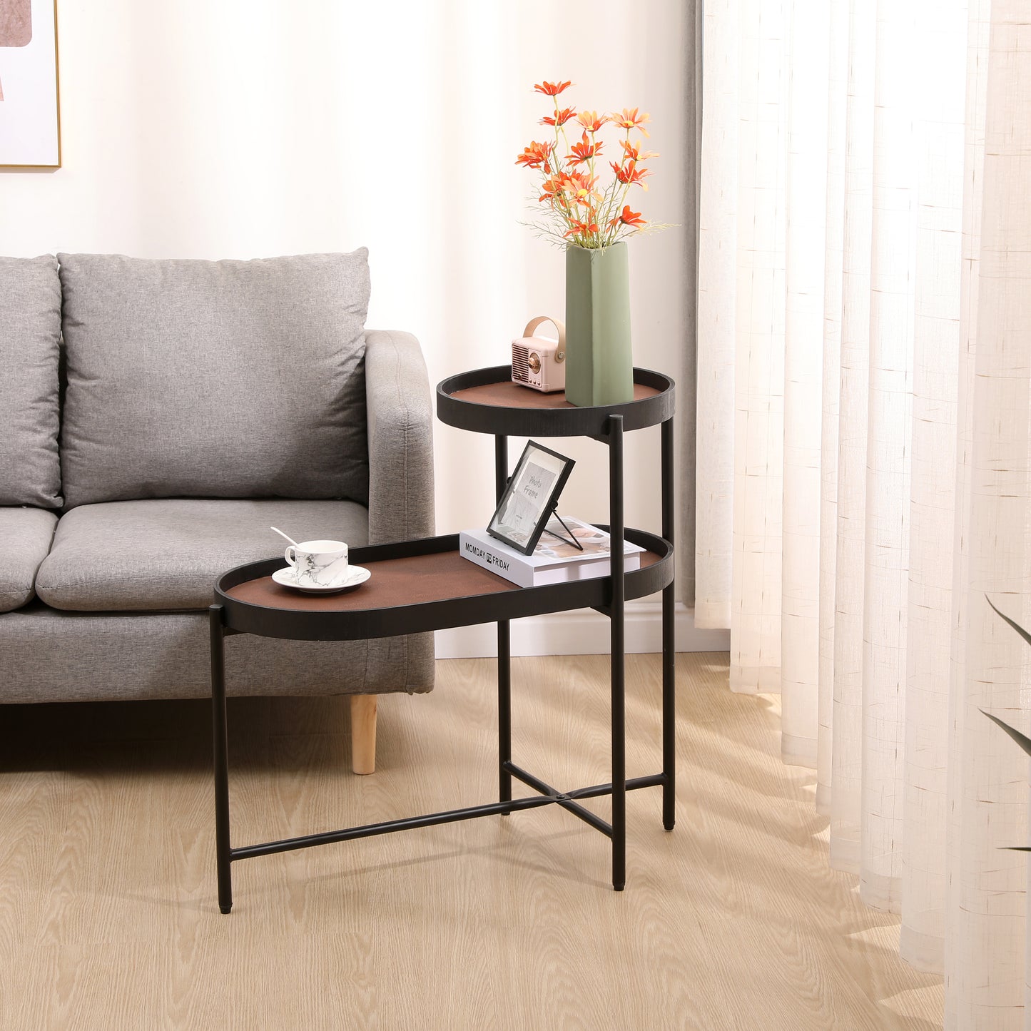 Modern 2-Tier Brown Side Table for Living Room Black Metal Frame with Wood & PU Tray End Tables for Sofa