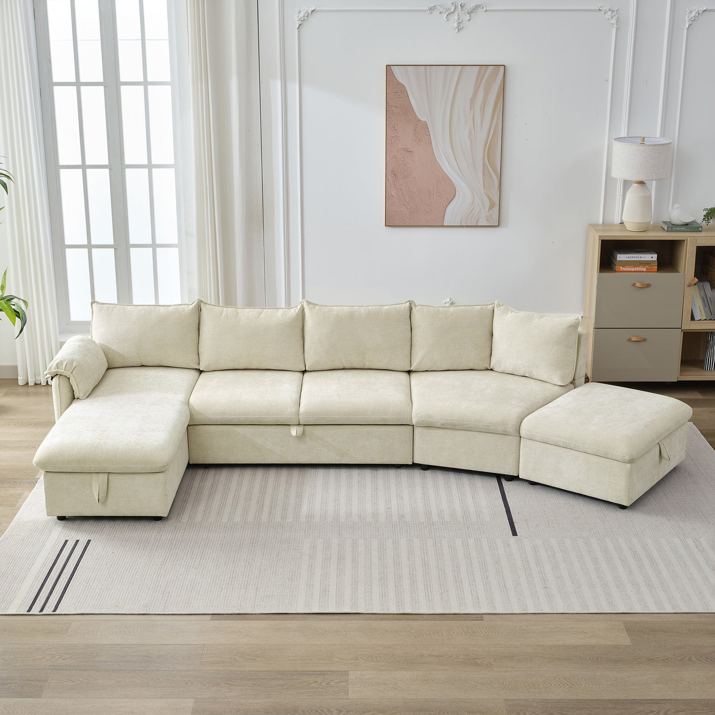 146.9" L-shaped Sofa Sectional Sofa Couch Pull-out Sofa Bed with a Movable Storage Ottoman, a Storage Chaise Lounge and Two USB Ports for Living Room, Beige