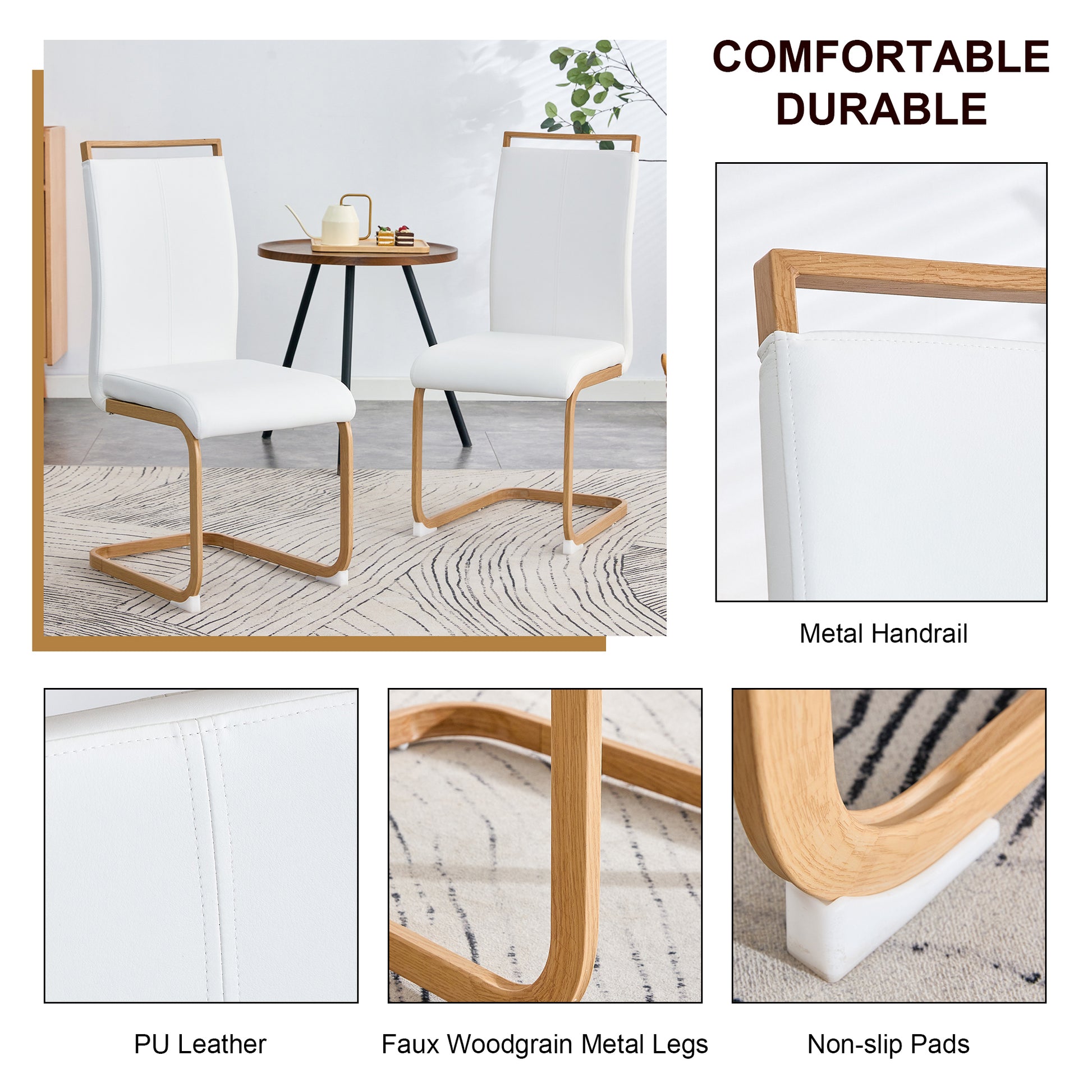 Table and chair set. 1 table and 4 white chairs. Glass dining table with 0.31 "tempered glass tabletop and metal legs. PU leather high back upholstered chair with wood color C-tube metal leg.1123 1162