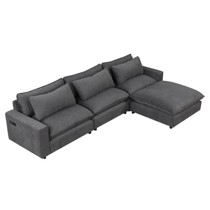 128" Sectional Sofa Cloud Sofa Chenille Upholstered Sofa  Couch with Movable Ottoman, Comfortable Seat Cushions, Charging Ports and Three Back Pillows for Living Room, Grey