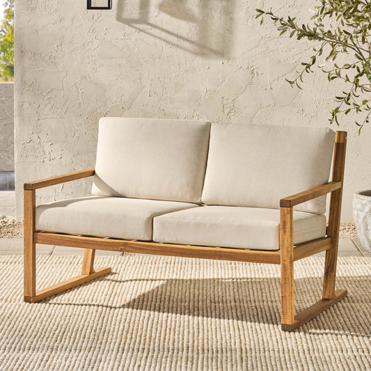 Contemporary Solid Wood Slat-Back Patio Loveseat – Natural