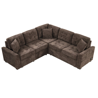 82.6" L-shape Sofa Bed Pull-out Sleeper Sofa with Wheels, USB Ports, Power Sockets for Living Room, Brown