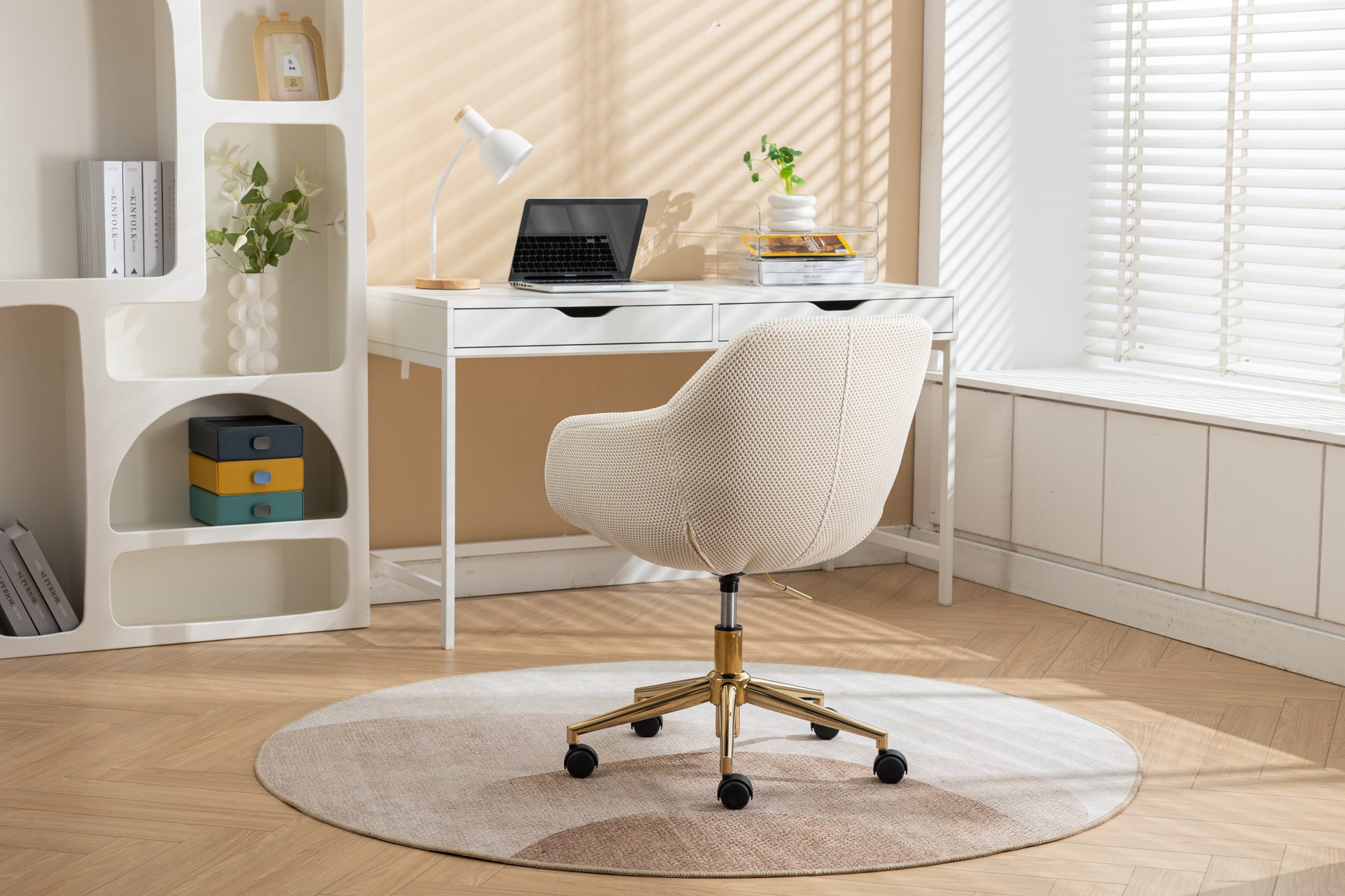 046-Mesh Fabric Home Office 360°Swivel Chair Adjustable Height With Gold Metal Base,Beige