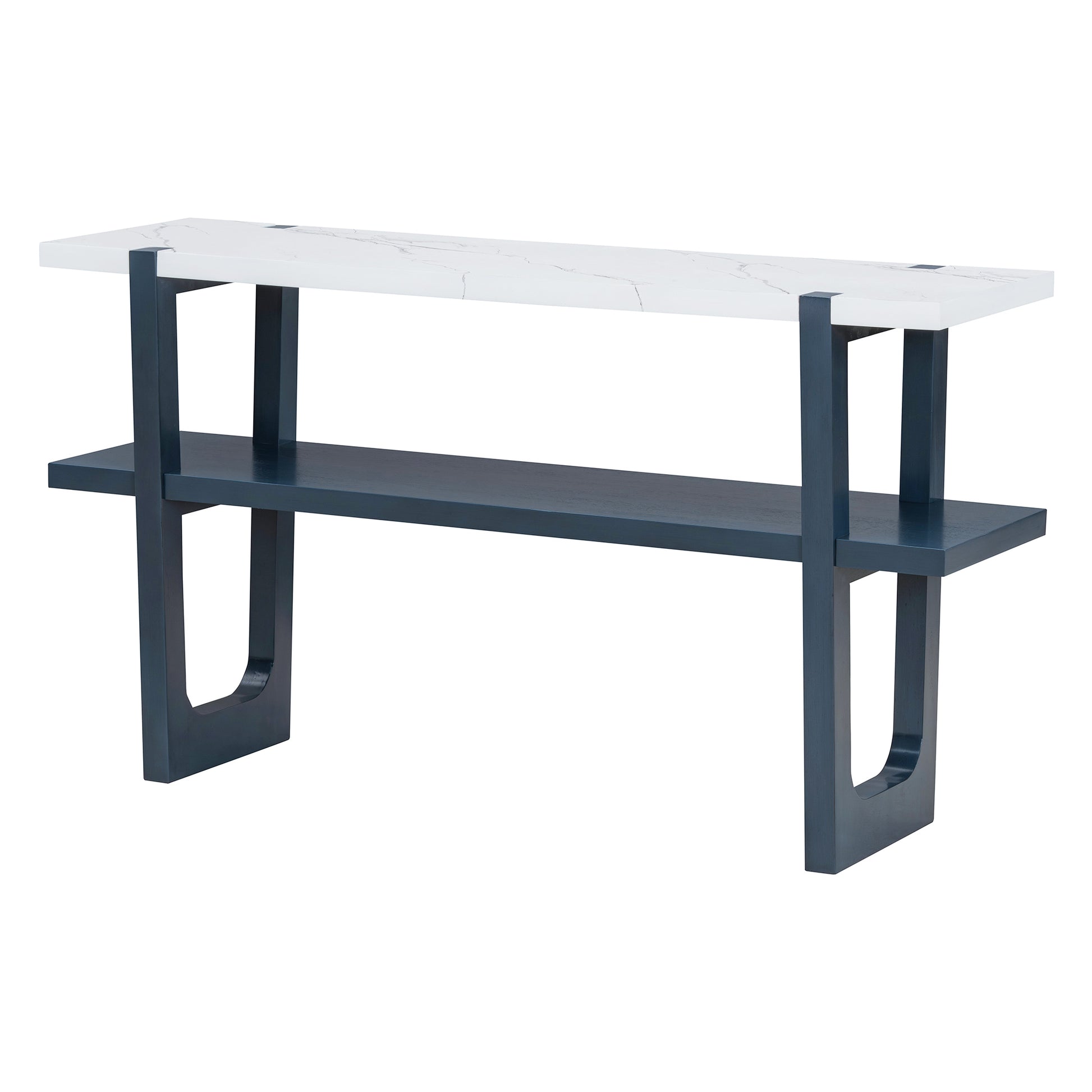 TREXM Retro Elegant Console Table with Marble-Effect Top and Versatile Storage Solutions for Entryway and Living Room (Navy)