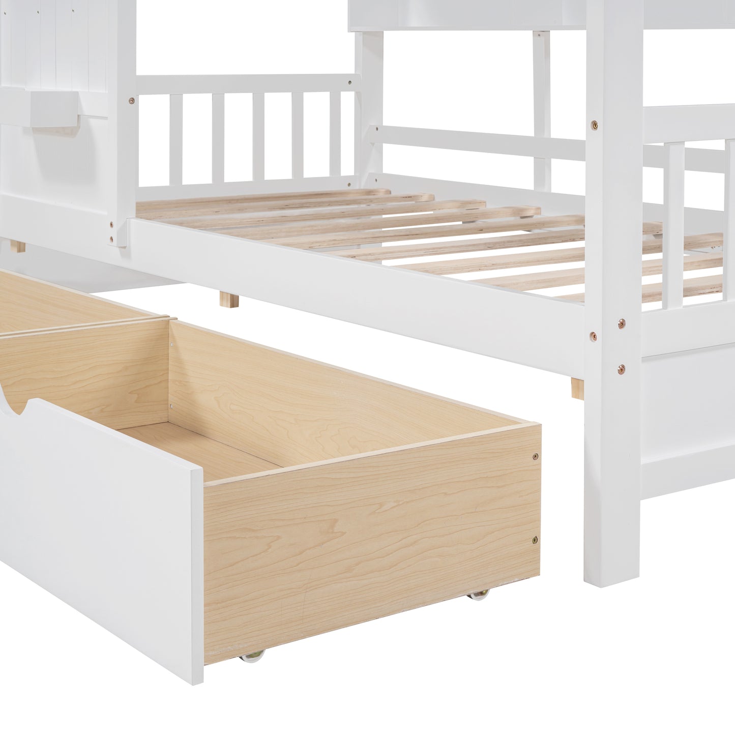 Wooden Twin Size House Bed with 2 Drawers,Kids Bed with Storage Shelf, White