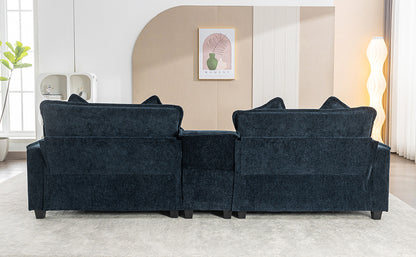 112.6" Sectional Sofa Chenille Upholstered Sofa with Two Removable Ottoman, Two USB Ports, Two Cup Holders and Large Storage Box for Living Room, Blue