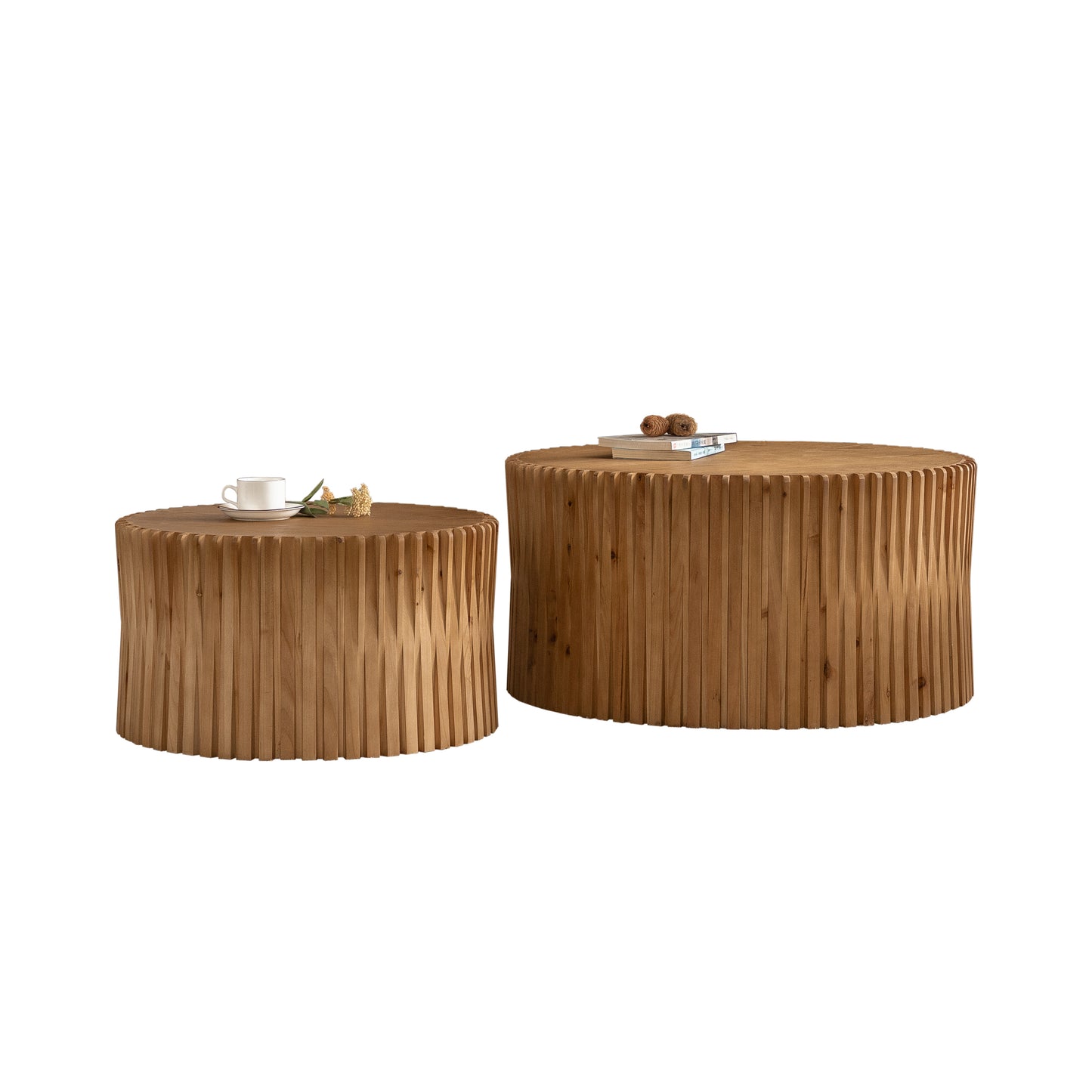 Vintage Fashion Style Cylindrical Nesting Coffee Table Set with Vertical Textured Embossed Design for Living Room, Office and Dining Room, Natural (Set of 2)