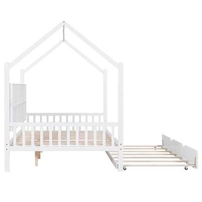 Wooden Full Size House Bed with Trundle,Kids Bed with Shelf, White