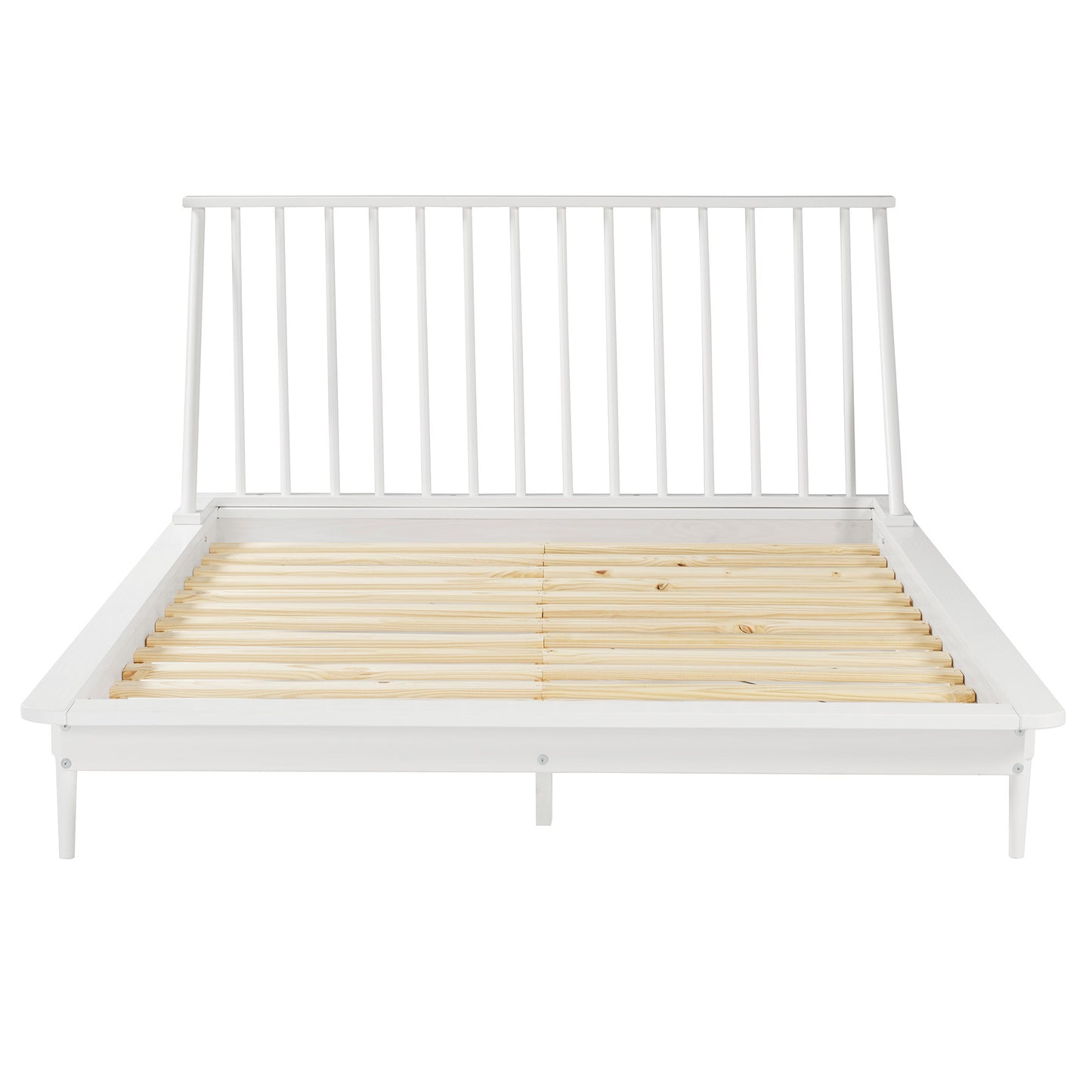 Mid-Century Modern Solid Wood Queen Platform Bed Frame with Spindle Headboard - White