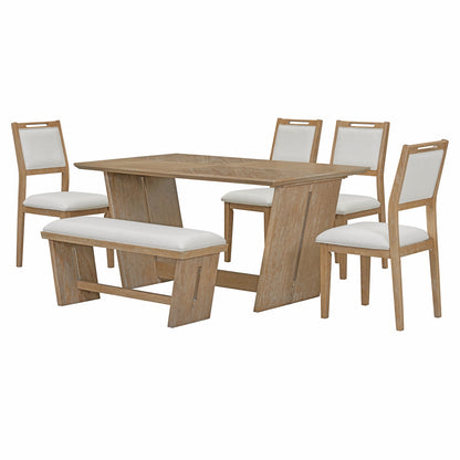 TREXM 6-Piece Modern Retro Dining Set, 1 Rectangular Table with Stable Trapezoidal Table Base and 4 Upholstered Chairs and 1 Bench for Dining Room and Kitchen (Natural Wood Wash)