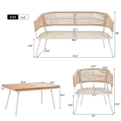 K&K 4-Piece Boho Rope Patio Furniture Set, Outdoor Furniture with Acacia Wood Table, Patio Conversation Set with Deep Seating & Thick Cushion for Backyard Porch Balcony, Beige