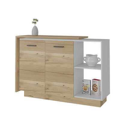 White and Light Oak 4-Door 2-piece Kitchen Set, Kitchen Island and Pantry Cabinet