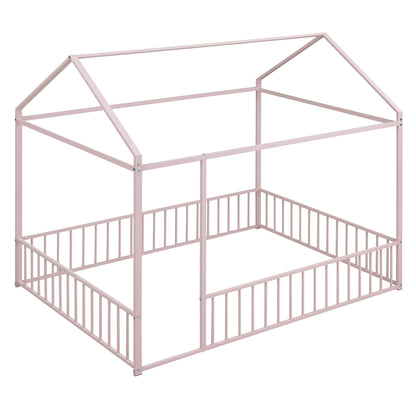 Full Size Metal Bed House Bed Frame with Fence, for Kids, Teens, Girls, Boys,Pink