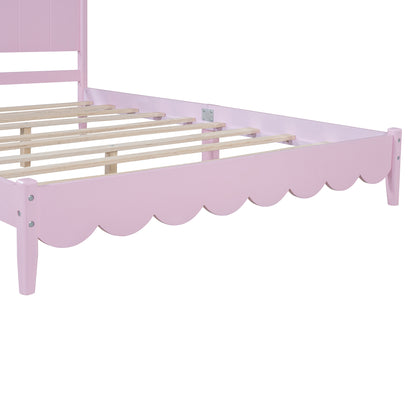 Queen Size Wood Platform Bed Frame, Retro Style  Bed with Rectangular Headboard,No Need Box Spring,Pink