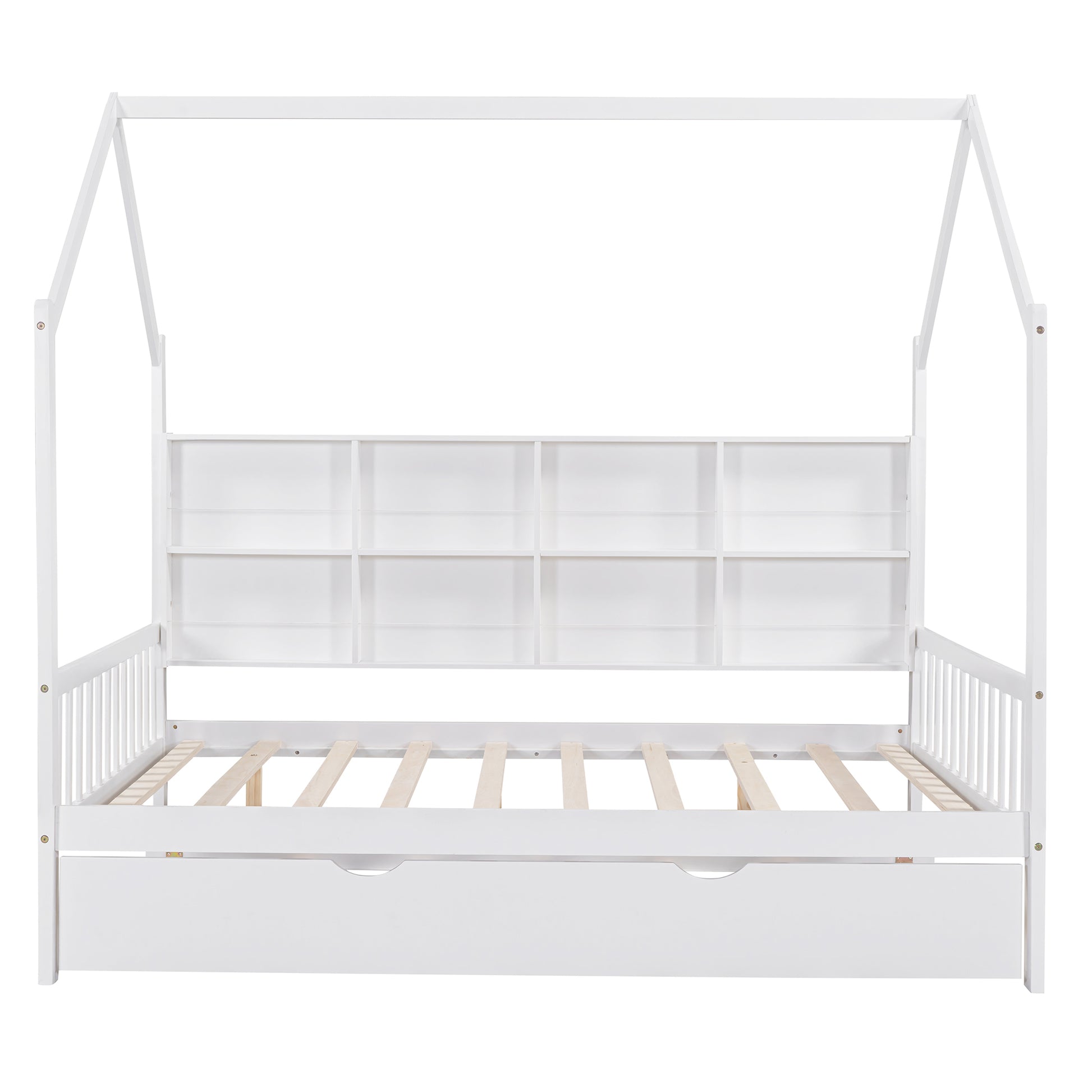 Wooden Full Size House Bed with Trundle,Kids Bed with Shelf, White