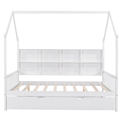 Wooden Full Size House Bed with Trundle,Kids Bed with Shelf, White