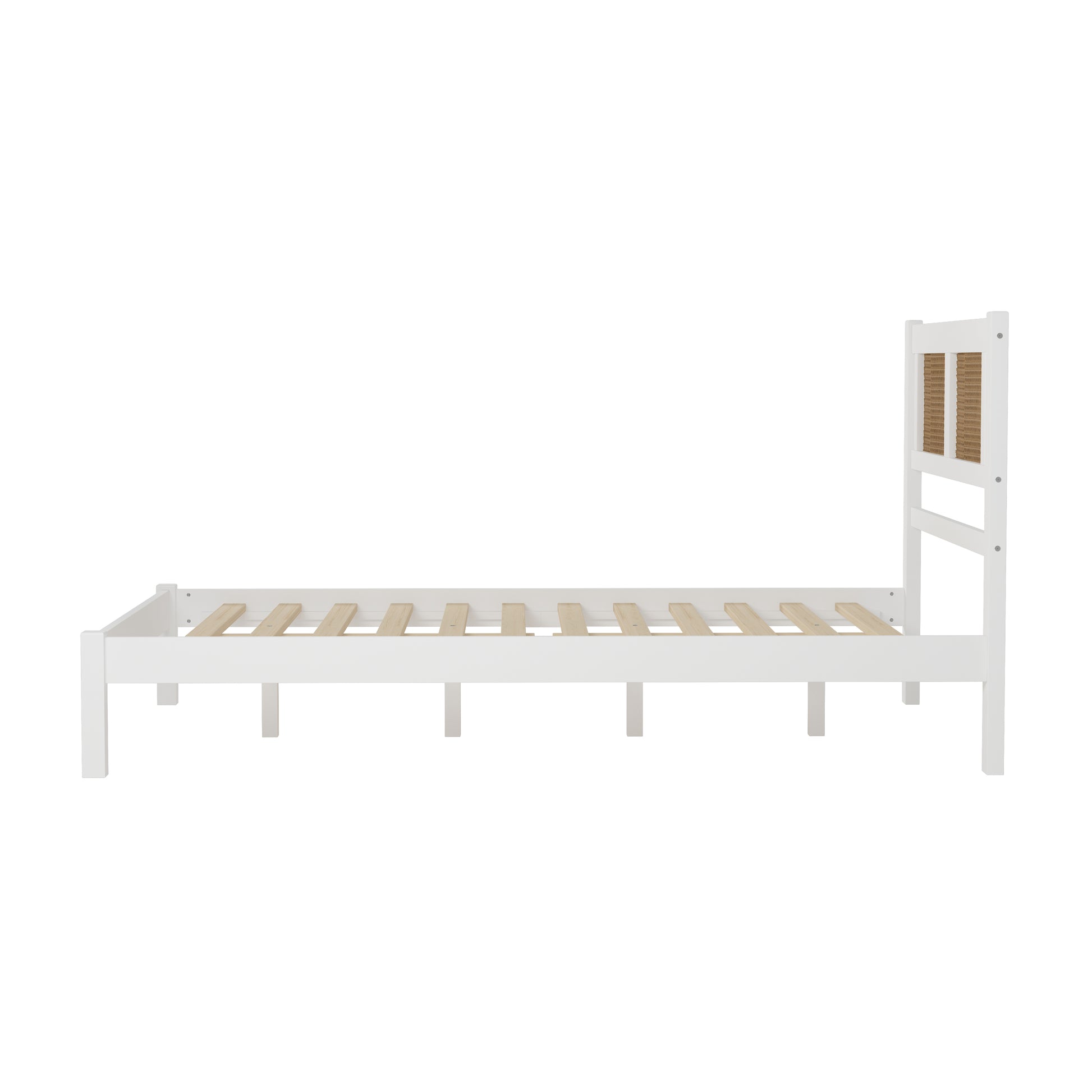 Full Size Wooden Platform Bed with Natural Rattan Headboard, Exquisite Elegance with Minimalist Charm for Bedroom, White