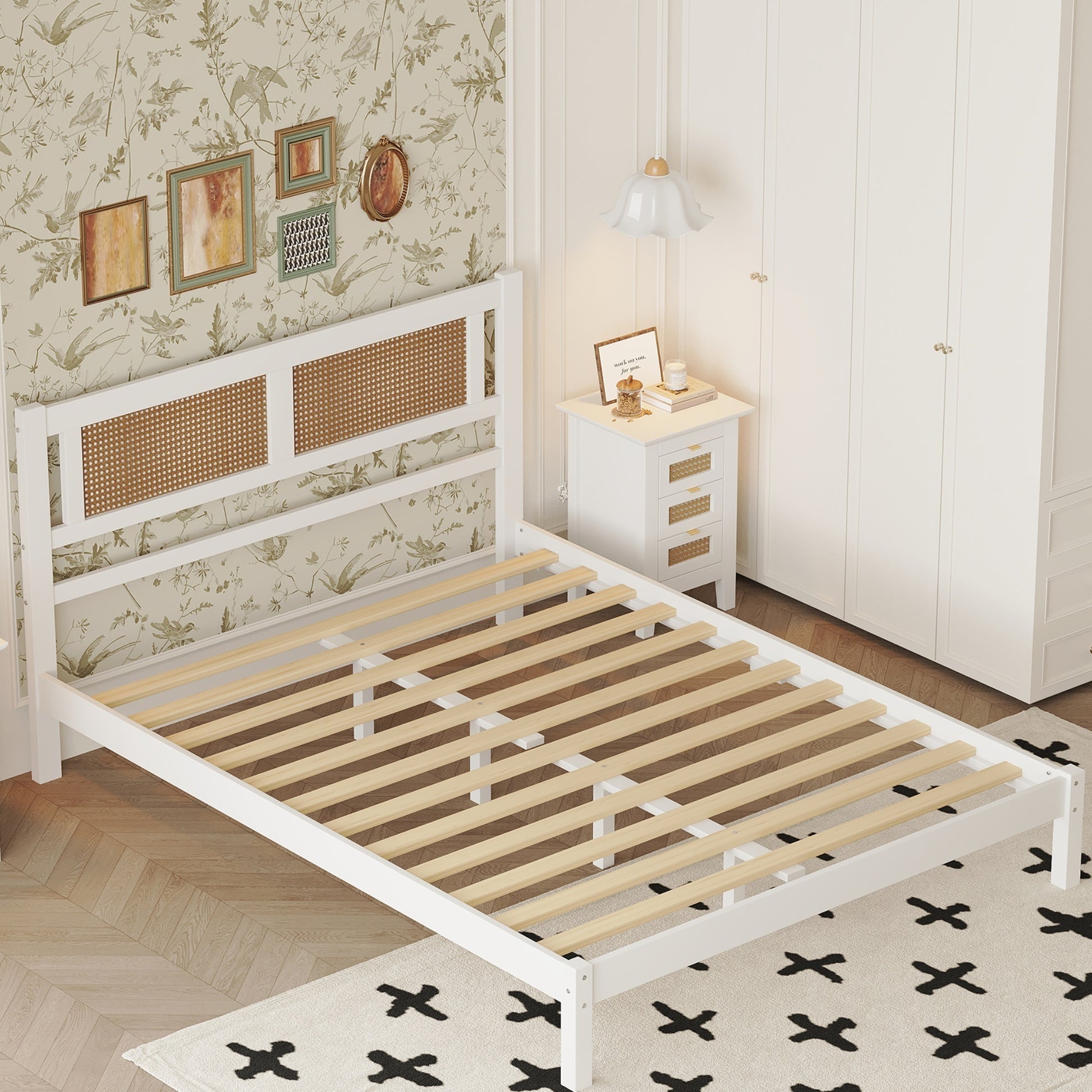 Queen Size Wood Platform Bed with Natural Rattan Headboard,Exquisite Elegance with Minimalist Charm for Bedroom,White