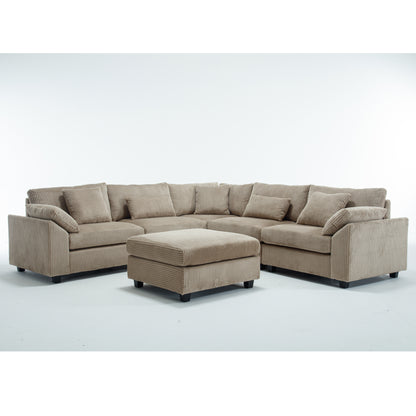 Oversized Modular Sectional Sofa Set, Corduroy Upholstered Deep Seat Comfy Sofa for Living Room, 6 Seat, Brown