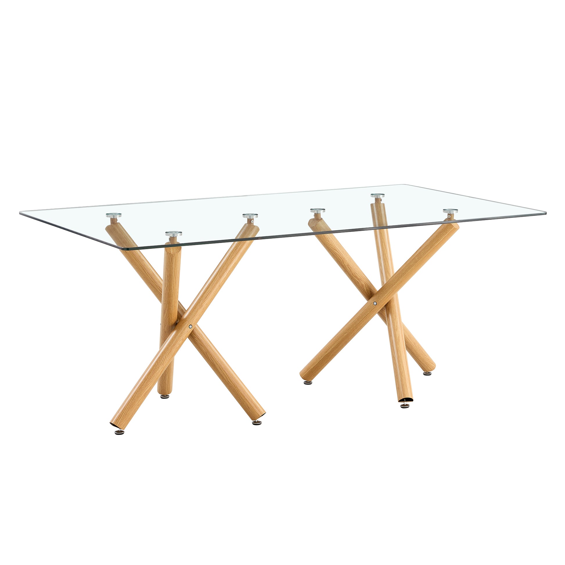 Large Modern Minimalist Rectangular Glass Dining Table for 6-8 with 0.39" Tempered Glass Tabletop and Wood Color Metal Legs, for Kitchen Dining Living Meeting Room Banquet hall, 71"Wx39" D x 30"H1538