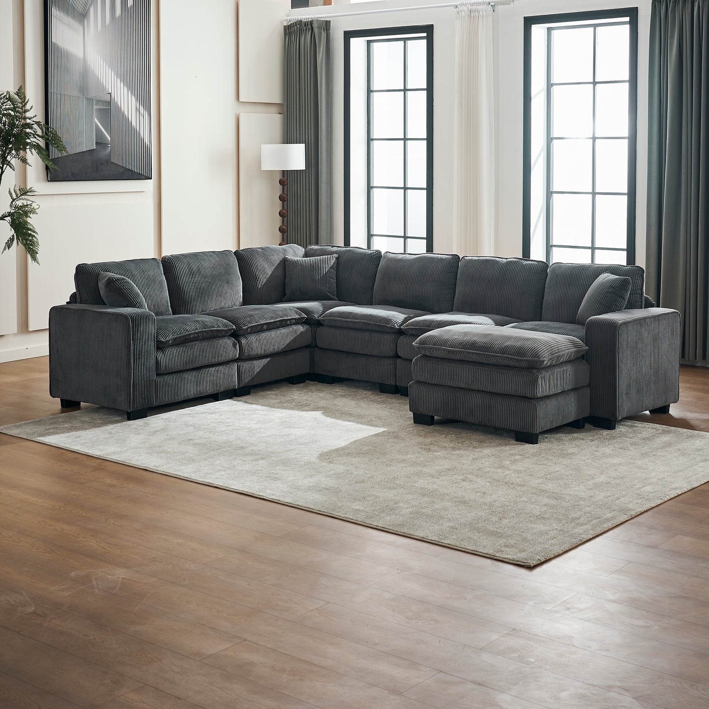 Modern U Shaped 6-seat Sectional Sofa Couch with one Ottoman and three toss pillows ,Modular Sofa for Living Room,Corduroy sofa