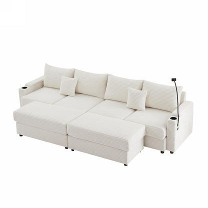 123.2" Modern Style 4-seater Sofa Sectional Sofa Couch with Storage Space, Two Movable Ottomans, Two USB Ports, Two Cup Holders, A Phone Holder for Living Room, Beige