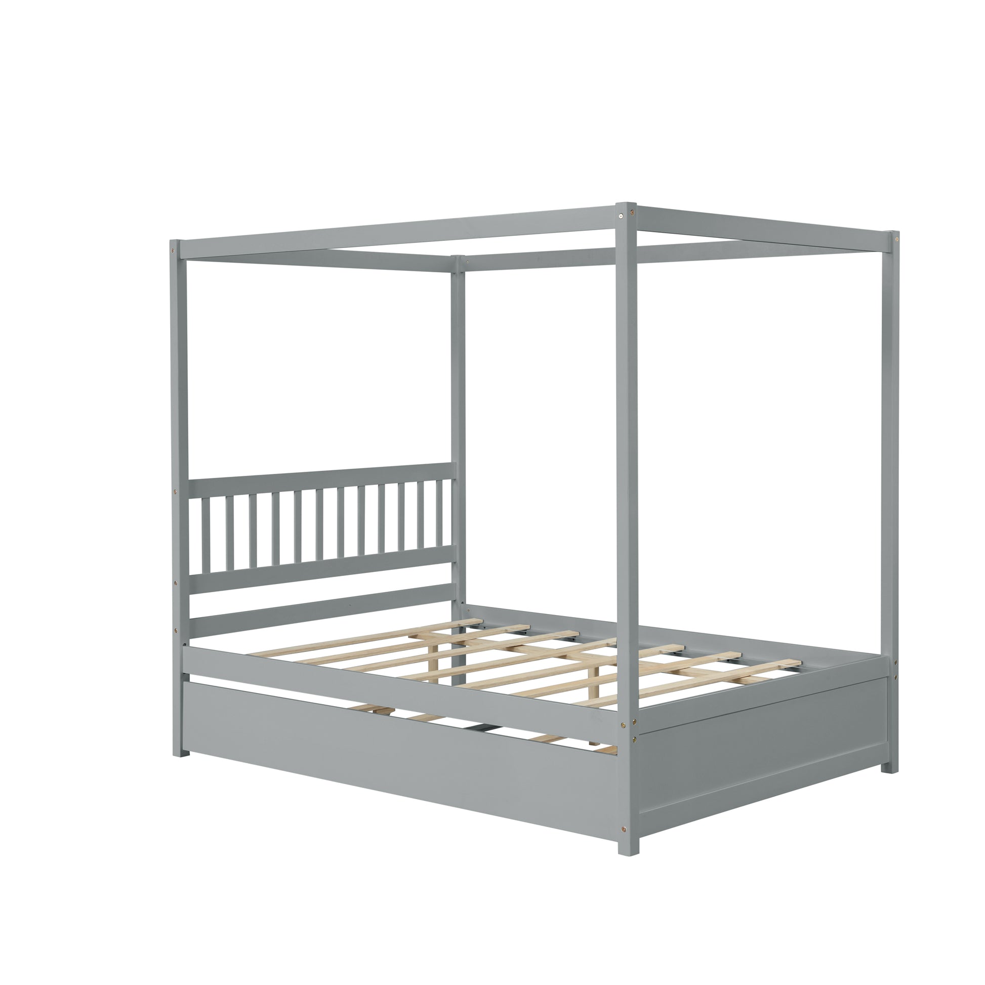 Full Size Canopy Bed with Twin Trundle, Kids Solid Wood Platform Bed Frame w/ Headboard, No Box Spring Needed Grey Color