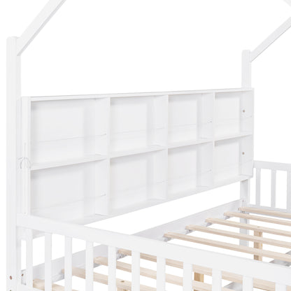 Wooden Full Size House Bed with Trundle,Kids Bed with Shelf, White