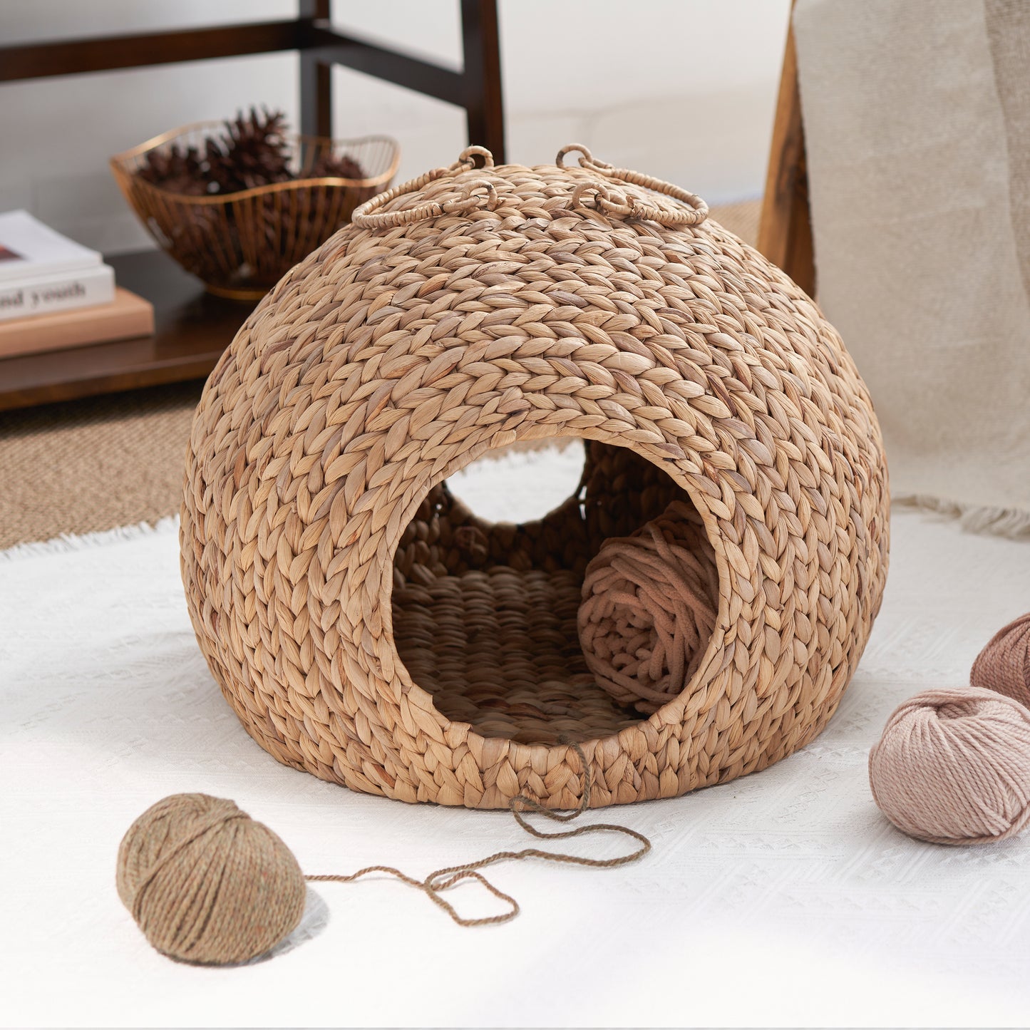 Gertrude Water Hyacinth Woven Wicker Round Cat Bed Cave with Handles - 18" x 18" x 18" - For Any Size Cat Breeds, Chihuahua and Use with Cat Tower