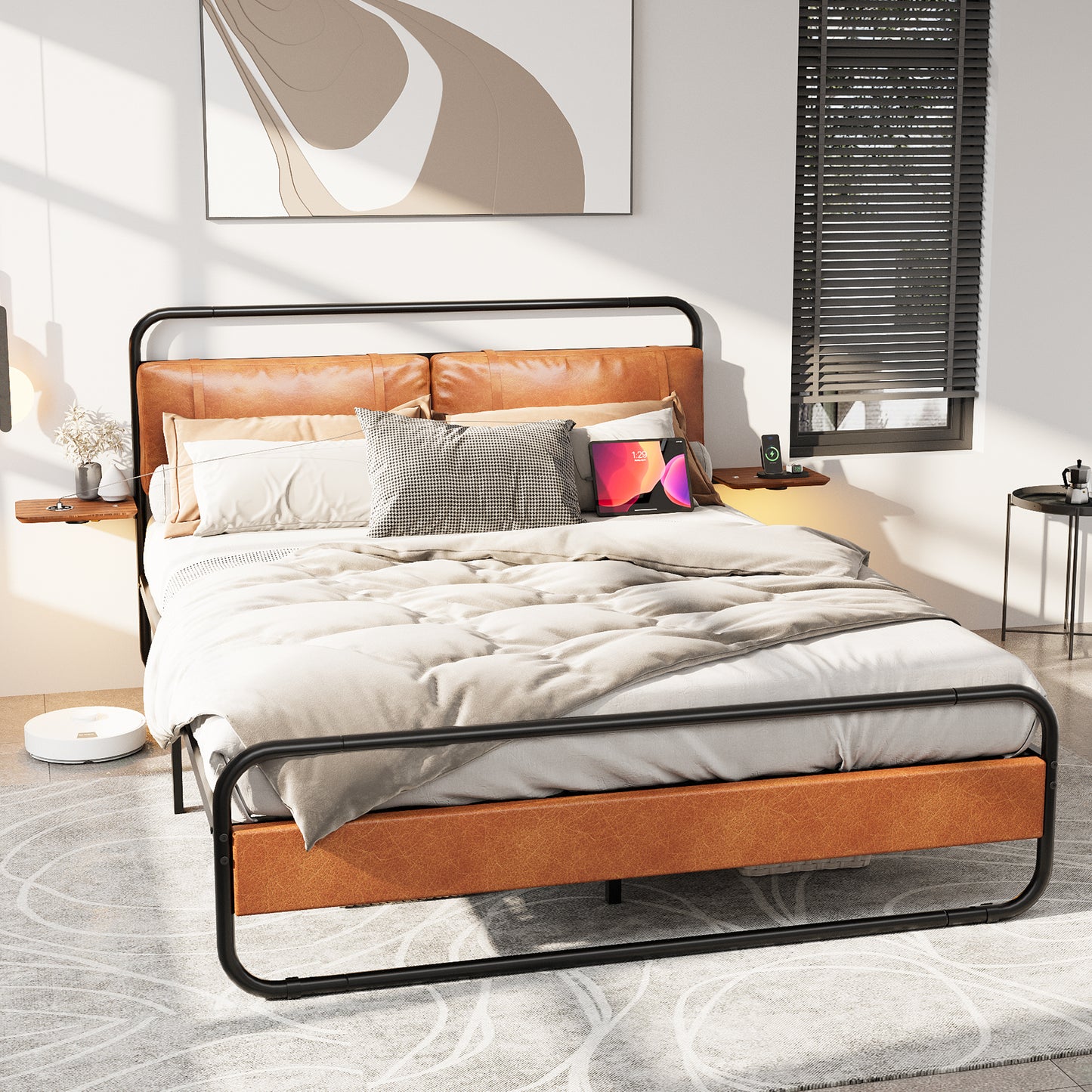 Queen Size Metal Bed Frame with Upholstered Headboard,  with wireless charging and USB A & USB C, Touch LED light,Oval-Shaped Platform Bed with Under-Bed Storage, No Box Spring Needed, Vintage Brown