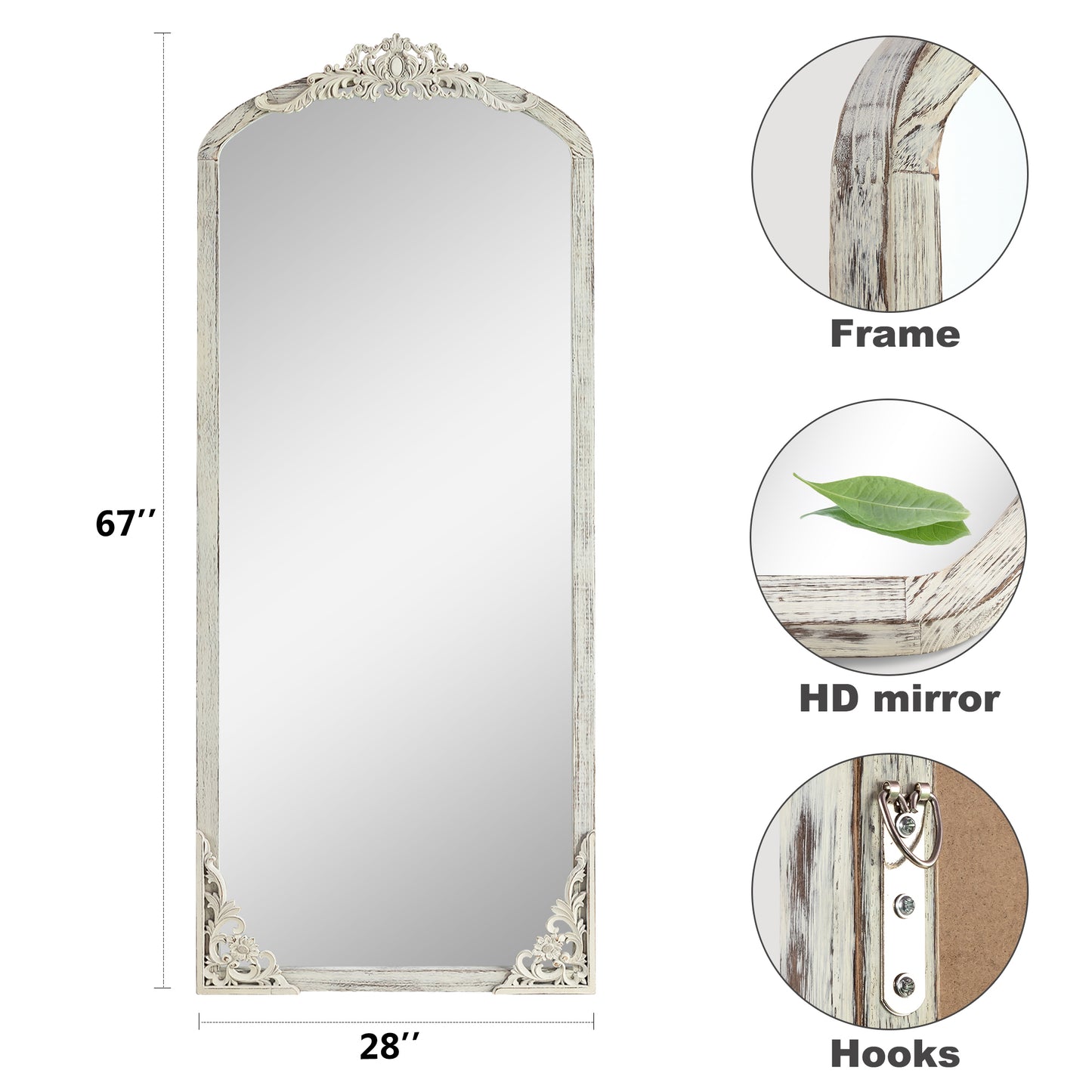 Solid wood carved right angle micro arch weathered white full-length mirror 67 * 28 * 1 inch Bathroom Vanity Mirror for Bedroom Entryway, Living/Dressing Room