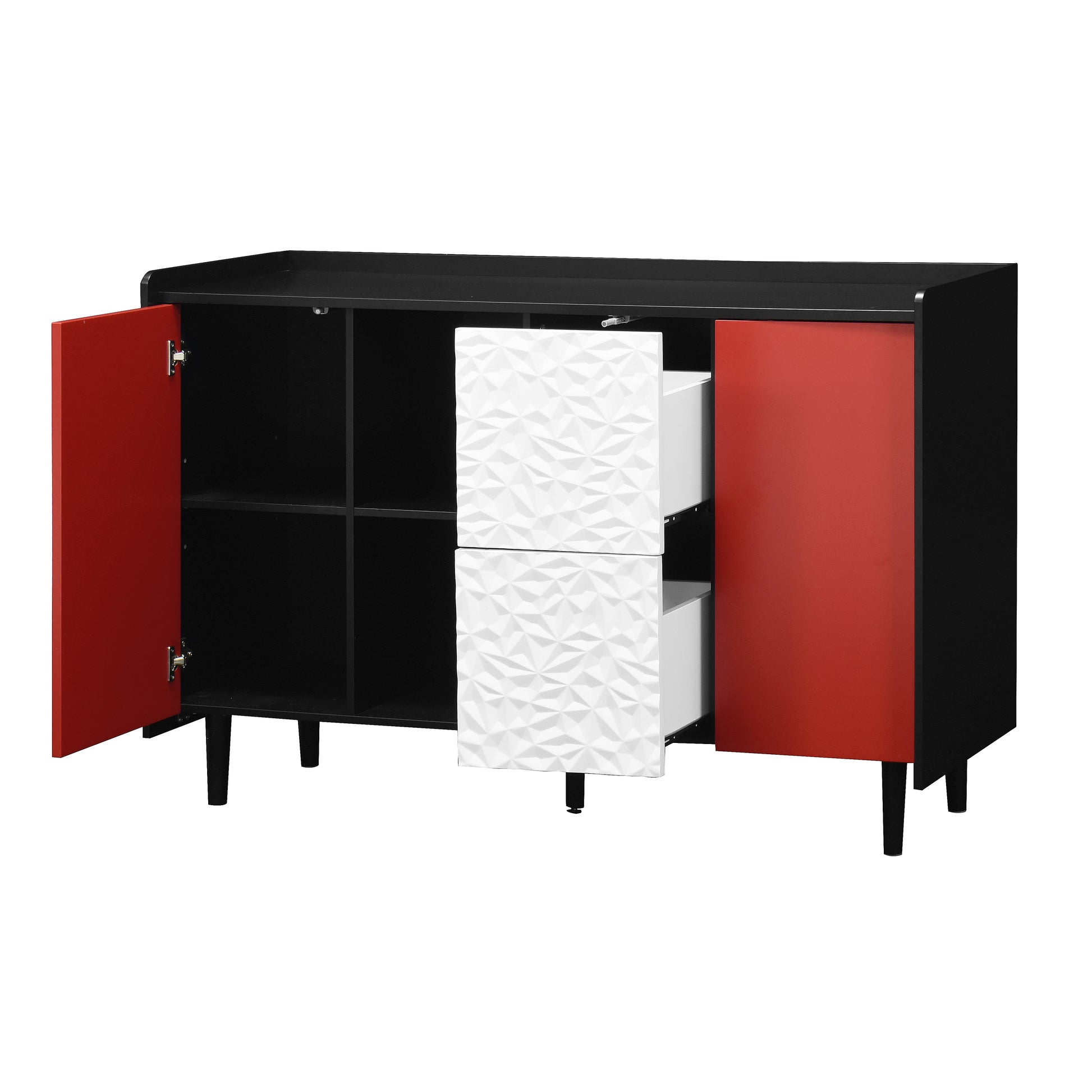 Sideboard Buffet Cabinet, Black Storage Cabinet with Red Doors , 2 Drawers with unique panel styling and 2 Open Storage Compartment, Modern Coffee Bar Cabinet Accent Cabinet for Kitchen, Dining Room,