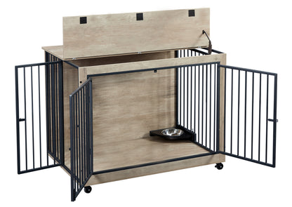 Furniture Style Dog Crate Side Table With Rotatable Feeding Bowl, Wheels, Three Doors, Flip-Up Top Opening. Indoor, Grey, 43.7"W x 30"D x 33.7"H