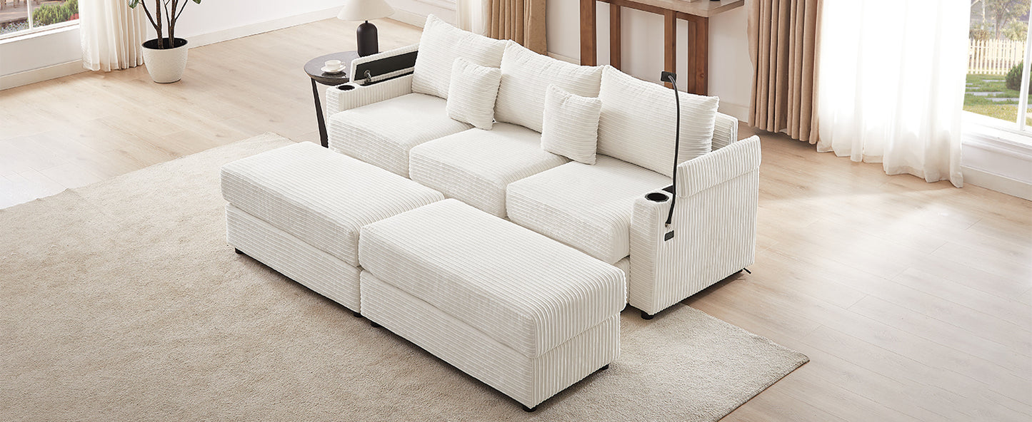 95.3" Modern Style 3-Seater Sofa Sectional Sofa Couch with Storage Space, Two Movable Ottomans, Two USB Ports, Two Cup Holders, A Phone Holder for Living Room, Beige