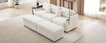 95.3" Modern Style 3-Seater Sofa Sectional Sofa Couch with Storage Space, Two Movable Ottomans, Two USB Ports, Two Cup Holders, A Phone Holder for Living Room, Beige