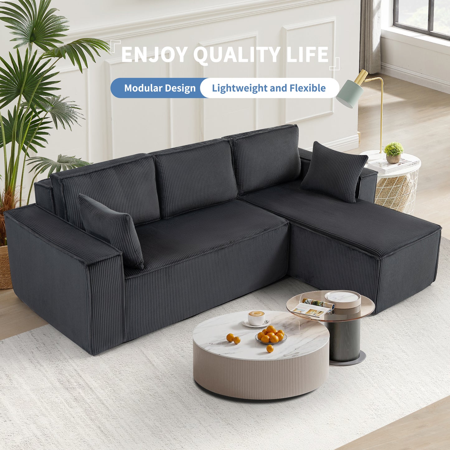 [Video provided] L-Shape Modular Sectional Sofa Couch - Comfy Upholstered Cloud Couch for Living Room - Modern Minimalist Couch,2 PIC Free Combination,No Assembly Required (Gray,Plush Corduroy)